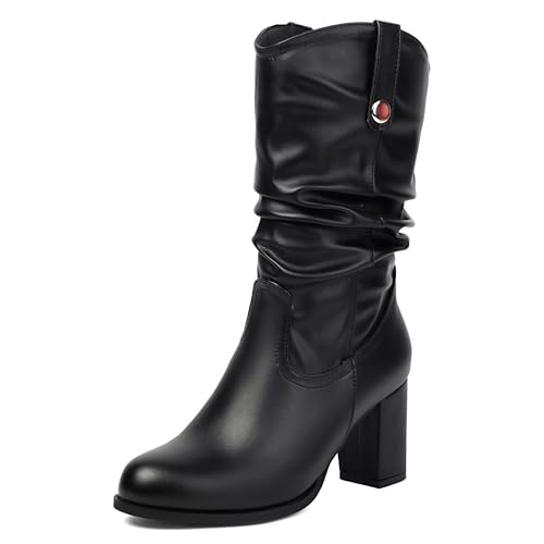 MJIASIAWA Damen Runde Zehen Winter Halbschaft Lockere Stiefel Blockabsatz Ohne Verschluss Komfort Buro Chunky Chelsea Elegant Stiefeletten Schwarz Gr 36 EU von MJIASIAWA