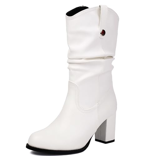 MJIASIAWA Damen Runde Zehen Winter Halbschaft Lockere Stiefel Blockabsatz Ohne Verschluss Komfort Buro Chunky Chelsea Elegant Stiefeletten Weiß Gr 36.5 EU/37 Asiatisch von MJIASIAWA