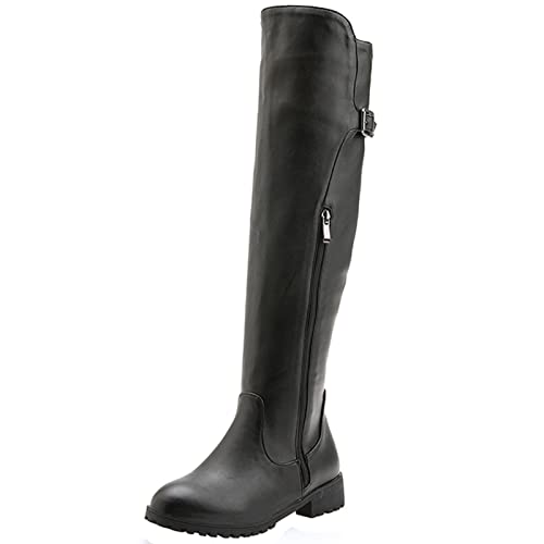 MJIASIAWA Damen Runde Zehen Winter Klassischer Equestrian Knee Warm Boots Reißverschluss Block Mitte Absatz Warm Riding Mode Boots Schnalle Schwarz Gr 37 EU/38 Asiatisch von MJIASIAWA