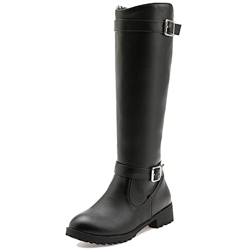 MJIASIAWA Damen Runde Zehen Winter Klassischer Equestrian Knee Warm Boots Reißverschluss Block Mitte Absatz Warm Riding Mode Boots Schnalle Schwarz Gr 48 EU/50 Asiatisch von MJIASIAWA