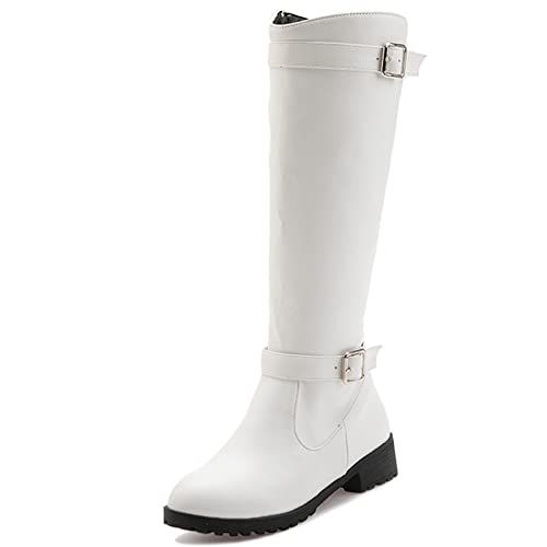 MJIASIAWA Damen Runde Zehen Winter Klassischer Equestrian Knee Warm Boots Reißverschluss Block Mitte Absatz Warm Riding Mode Boots Schnalle Weiß Gr 46 EU/48 Asiatisch von MJIASIAWA