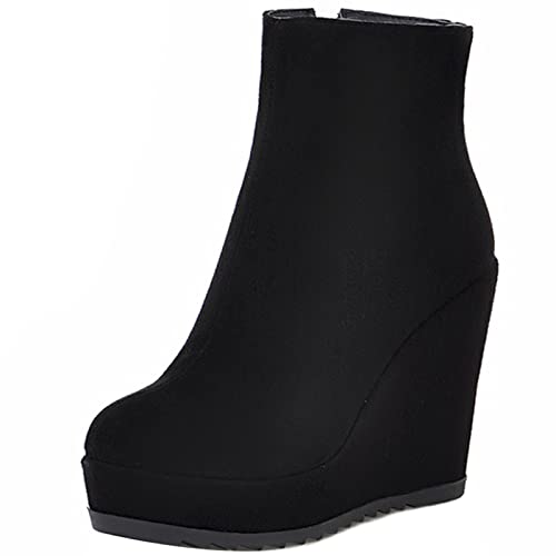 MJIASIAWA Damen Runde Zehen Winter Plateau Keilabsatz Stiefeletten Reißverschluss Mode Chelsea Höhe Ferse Warm Stiefeletten Buro Party Schwarz Gr 37 EU/38 Asiatisch von MJIASIAWA