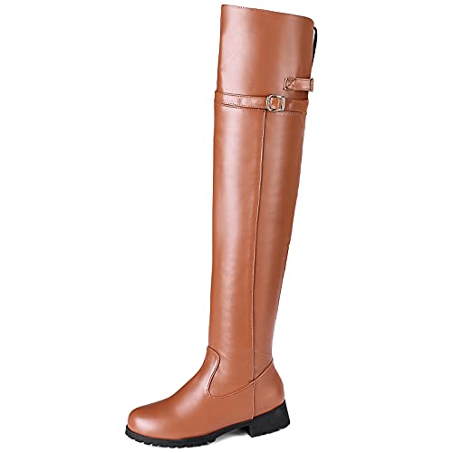 MJIASIAWA Damen Runde Zehen Winter Warm Overknees Equestrian Reißverschluss Boots Thigh Comfy Mitte Absatz Klassischer Reitstiefel Braun Gr 45 EU/47 Asiatisch von MJIASIAWA