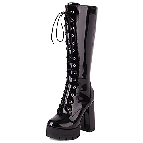 MJIASIAWA Damen Schnüren Chunky Heel Knee Motorradstiefel Plateau Runde Zehen Winter Mode Motorcycle Warm Boots Schwarz Gr 41 EU/43 Asiatisch von MJIASIAWA