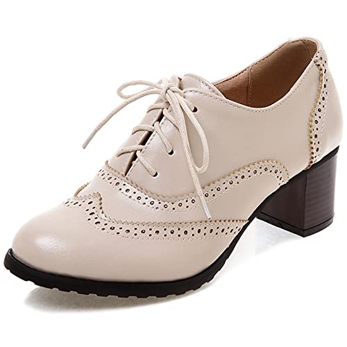 MJIASIAWA Damen Schnüren Closed Toe Leisure Klassischer Brogue Blockabsatz Pumps Buro Business Arbeit Formal Oxford Retro Schuhe Beige Gr 40.5 EU/42 Asiatisch von MJIASIAWA