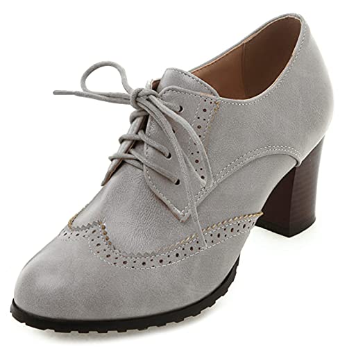 MJIASIAWA Damen Schnüren Closed Toe Leisure Klassischer Brogue Blockabsatz Pumps Buro Business Arbeit Formal Oxford Retro Schuhe Grau Gr 40 EU/41 Asiatisch von MJIASIAWA