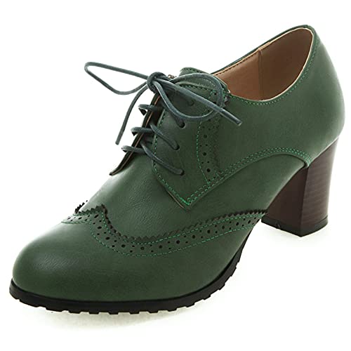 MJIASIAWA Damen Schnüren Closed Toe Leisure Klassischer Brogue Blockabsatz Pumps Buro Business Arbeit Formal Oxford Retro Schuhe Grün Gr 39 EU/40 Asiatisch von MJIASIAWA