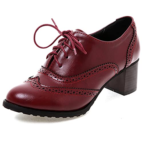 MJIASIAWA Damen Schnüren Closed Toe Leisure Klassischer Brogue Blockabsatz Pumps Buro Business Arbeit Formal Oxford Retro Schuhe Rotwein Gr 38 EU/39 Asiatisch von MJIASIAWA