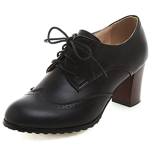 MJIASIAWA Damen Schnüren Closed Toe Leisure Klassischer Brogue Blockabsatz Pumps Buro Business Arbeit Formal Oxford Retro Schuhe Schwarz Gr 38 EU/39 Asiatisch von MJIASIAWA