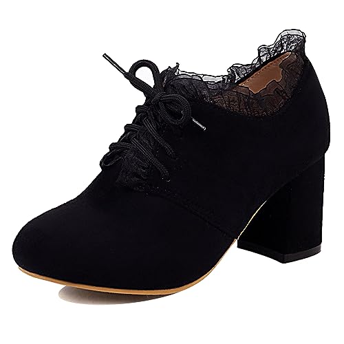 MJIASIAWA Damen Schnüren Comfy Blockabsatz Runde Zehen Schuhe Hochzeit Chunky Höhe Ferse Pumps Comfy Derby Oxford Arbeit Kleid Schwarz Gr 44 EU/46Cn Asiatisch von MJIASIAWA