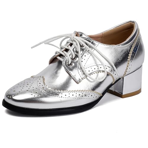 MJIASIAWA Damen Schnüren Lack Oxford Brogue Arbeit Blockabsatz Pumps Comfy Runde Zehen Derbies Chunky Buro Business Schuhe Silber Gr 39 EU/40 Asiatisch von MJIASIAWA