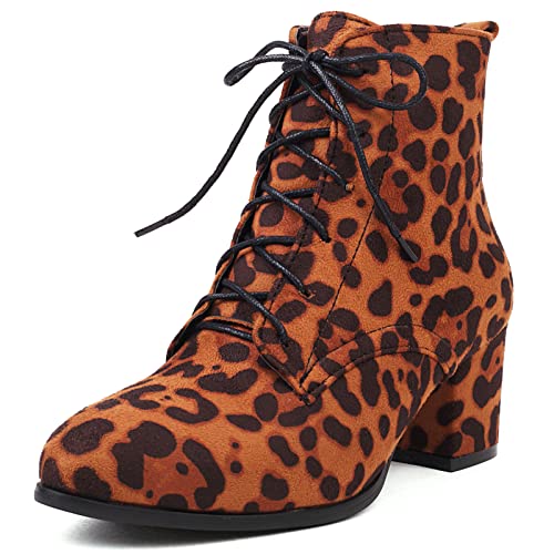 MJIASIAWA Damen Schnüren Leisure Blockabsatz Leopard Stiefeletten Pointed Toe Mode Biker Stiefeletten Warm Schuhe Braun Gr 39 EU/40 Asiatisch von MJIASIAWA