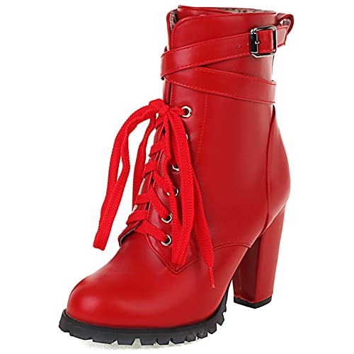 MJIASIAWA Damen Schnüren Mode Blockabsatz Ankle Motorradstiefel Winter Höhe Ferse Hochzeit Kleid Runde Zehen Abend Stiefeletten Rot Gr 44 EU/46 Asiatisch von MJIASIAWA