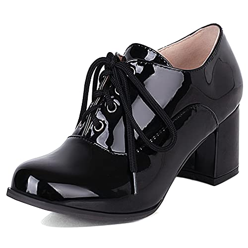 MJIASIAWA Damen Schnüren Mode Blockabsatz Lack Pumps Buro Oxford Chunky Runde Zehen Party Kleid Pumps Schwarz Gr 46 EU/48 Asiatisch von MJIASIAWA