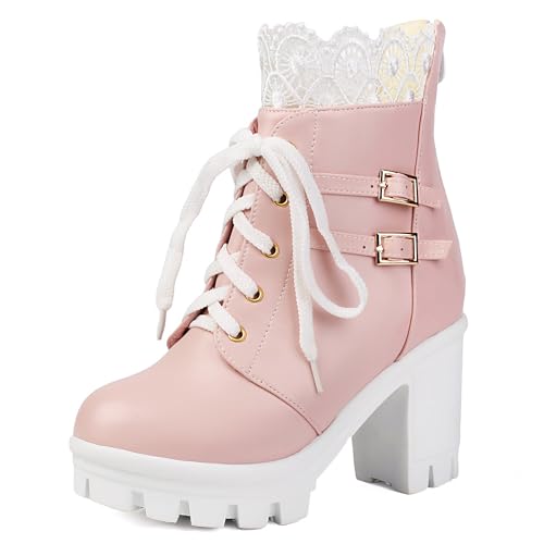 MJIASIAWA Damen Schnüren Mode Chunky Plateau Combat Stiefeletten Runde Zehen Hochzeit Elegant Bogen Military Stiefeletten Zip Pink Gr 35 EU von MJIASIAWA