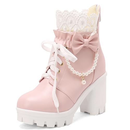 MJIASIAWA Damen Schnüren Mode Chunky Plateau Combat Stiefeletten Runde Zehen Hochzeit Elegant Bogen Military Stiefeletten Zip Pink Gr 40.5 EU/42 Asiatisch von MJIASIAWA