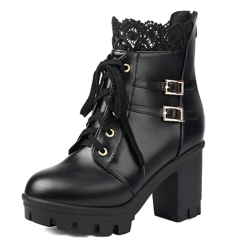 MJIASIAWA Damen Schnüren Mode Chunky Plateau Combat Stiefeletten Runde Zehen Hochzeit Elegant Bogen Military Stiefeletten Zip Schwarz Gr 34 EU von MJIASIAWA