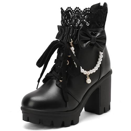 MJIASIAWA Damen Schnüren Mode Chunky Plateau Combat Stiefeletten Runde Zehen Hochzeit Elegant Bogen Military Stiefeletten Zip Schwarz Gr 39 EU/40 Asiatisch von MJIASIAWA