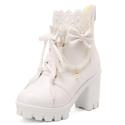 MJIASIAWA Damen Schnüren Mode Chunky Plateau Combat Stiefeletten Runde Zehen Hochzeit Elegant Bogen Military Stiefeletten Zip Weiß Gr 35 EU von MJIASIAWA