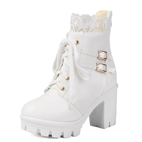 MJIASIAWA Damen Schnüren Mode Chunky Plateau Combat Stiefeletten Runde Zehen Hochzeit Elegant Bogen Military Stiefeletten Zip Weiß Gr 36 EU von MJIASIAWA