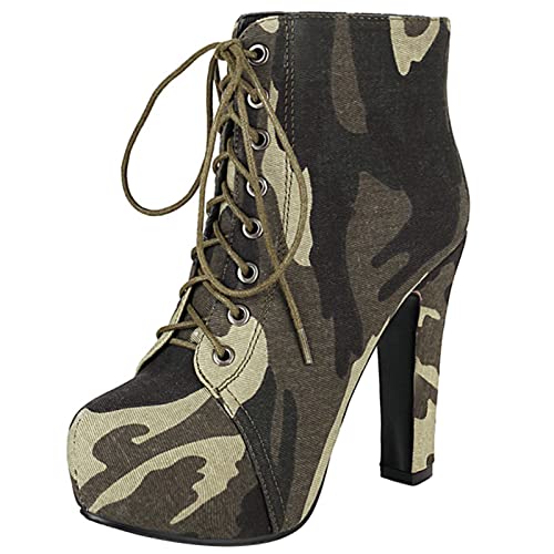 MJIASIAWA Damen Schnüren Mode Plateau Höhe Ferse Winter Biker Stiefeletten Runde Zehen Party Elegant Stiefeletten Camouflage Gr 37 EU/38 Asiatisch von MJIASIAWA