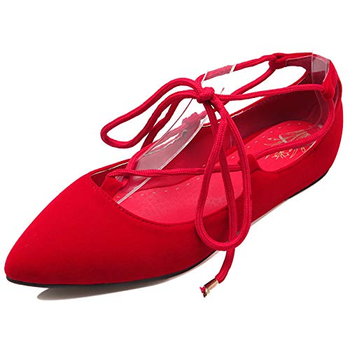 MJIASIAWA Damen Schnüren Pointed Toe Leisure Ballat Flach Dolly Schuhe Ballerina Pantoffeln Comfy Walking Driving Prom Prom Flats Rot Gr 42 EU/44 Asiatisch von MJIASIAWA