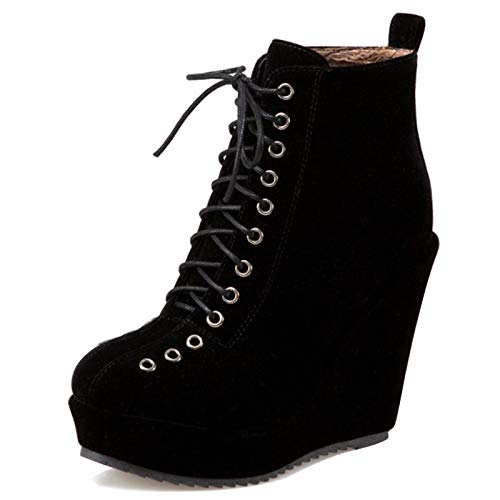 MJIASIAWA Damen Schnüren Winter Mode Keilabsatz Plateau Stiefeletten Runde Zehen Abend Elegant Höhe Ferse Kleid Warm Motorradstiefel Schwarz Gr 39 EU/40 Asiatisch von MJIASIAWA