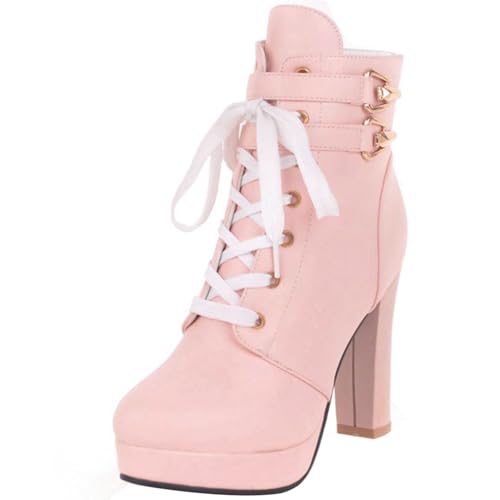 MJIASIAWA Damen Schnüren Winter Mode Plateau Motorradstiefel Runde Zehen Party Warm Blockabsatz Zip Ankle Stiefeletten Schnalle Pink Gr 34 EU von MJIASIAWA