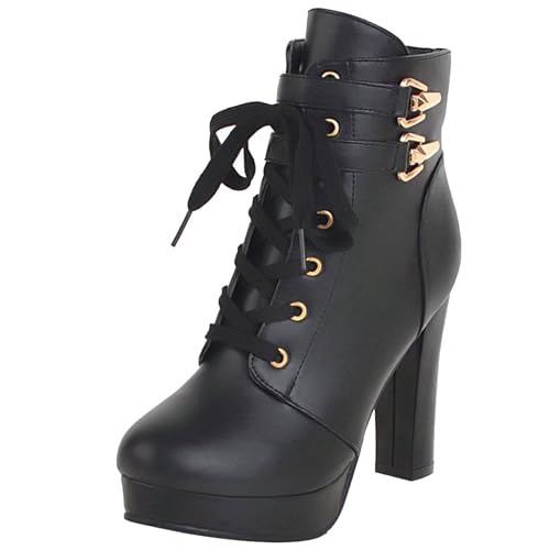 MJIASIAWA Damen Schnüren Winter Mode Plateau Motorradstiefel Runde Zehen Party Warm Blockabsatz Zip Ankle Stiefeletten Schnalle Schwarz Gr 36.5 EU/37 Asiatisch von MJIASIAWA