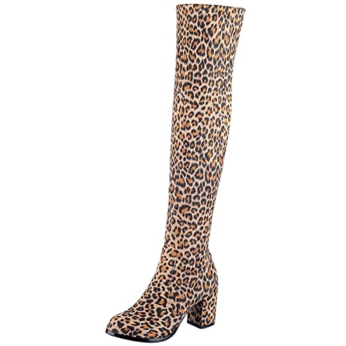 MJIASIAWA Damen Side Reißverschluss Overknees Stretchy Boots Blockabsatz Runde Zehen Winter Fell Lined Mode Wildleder Overknees Stiefel Party Leopard/Rl Gr 38 EU/39 Asiatisch von MJIASIAWA