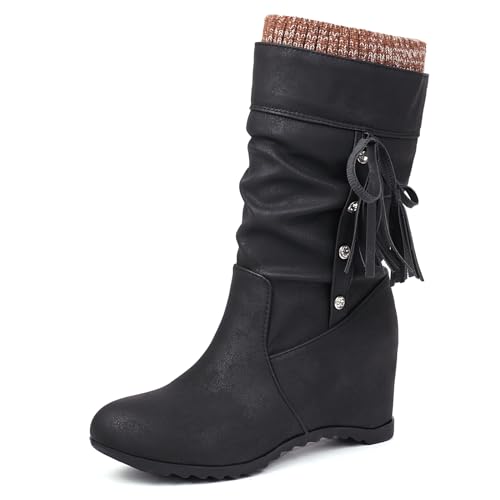 MJIASIAWA Damen Slouch Halbschaft Keilabsatz Boots Ohne Verschluss Leisure Runde Zehen Winter Warm Strickented Elastic Vintage Stiefeletten Schwarz Gr 34 Eu MJIASIAWA Damen Slouch Halbschaft Keilabsatz Boots Ohne Verschluss Leisure Runde Zehen Winter Warm Strickented Elastic Vintage Stiefeletten Schwarz Gr 34 Eu von MJIASIAWA