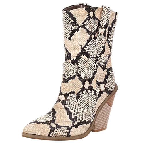 MJIASIAWA Damen Snakeskin Halbschaft Western Cowboystiefel Pointed Toe Ohne Verschluss Winter Mode Keilabsatz Western Stiefeletten Beige Gr 40.5 EU/42 Asiatisch von MJIASIAWA