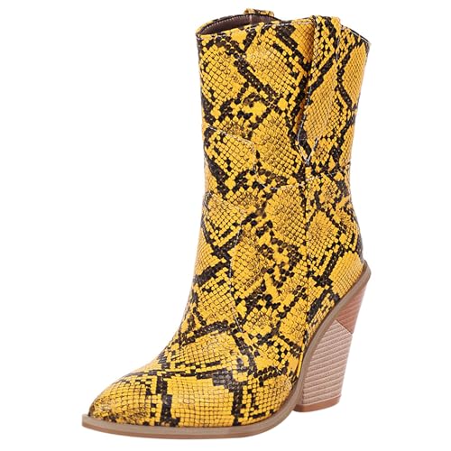MJIASIAWA Damen Snakeskin Halbschaft Western Cowboystiefel Pointed Toe Ohne Verschluss Winter Mode Keilabsatz Western Stiefeletten Gelb Gr 42 EU/44 Asiatisch von MJIASIAWA