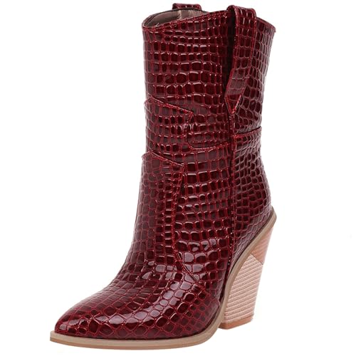 MJIASIAWA Damen Snakeskin Halbschaft Western Cowboystiefel Pointed Toe Ohne Verschluss Winter Mode Keilabsatz Western Stiefeletten Rotwein Gr 43 EU/45 Asiatisch von MJIASIAWA