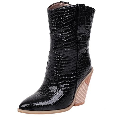 MJIASIAWA Damen Snakeskin Halbschaft Western Cowboystiefel Pointed Toe Ohne Verschluss Winter Mode Keilabsatz Western Stiefeletten Schwarz Gr 44 EU/46 Asiatisch von MJIASIAWA