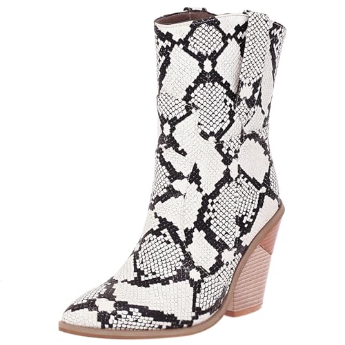 MJIASIAWA Damen Snakeskin Halbschaft Western Cowboystiefel Pointed Toe Ohne Verschluss Winter Mode Keilabsatz Western Stiefeletten Weiß Gr 38 EU/39 Asiatisch von MJIASIAWA