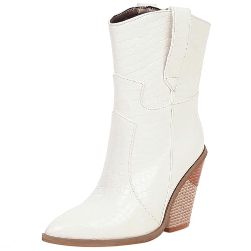 MJIASIAWA Damen Snakeskin Halbschaft Western Cowboystiefel Pointed Toe Ohne Verschluss Winter Mode Keilabsatz Western Stiefeletten Weiß Gr 42 EU/44 Asiatisch von MJIASIAWA