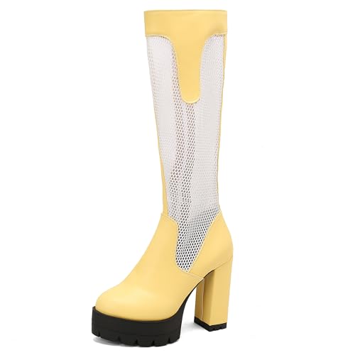 MJIASIAWA Damen Sommer Blockabsatz Mesh Kniehohe Stiefel Mode Runde Zehen Atmungsaktiv Plateau Chunky Riding Booty Gelb Gr 34 EU von MJIASIAWA
