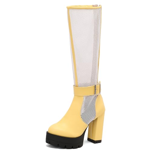 MJIASIAWA Damen Sommer Blockabsatz Mesh Kniehohe Stiefel Mode Runde Zehen Atmungsaktiv Plateau Chunky Riding Booty Gelb Gr 35 EU von MJIASIAWA