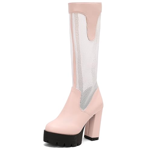MJIASIAWA Damen Sommer Blockabsatz Mesh Kniehohe Stiefel Mode Runde Zehen Atmungsaktiv Plateau Chunky Riding Booty Pink Gr 35 EU von MJIASIAWA