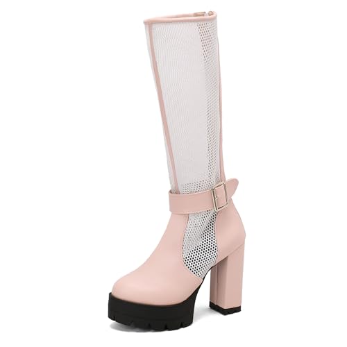 MJIASIAWA Damen Sommer Blockabsatz Mesh Kniehohe Stiefel Mode Runde Zehen Atmungsaktiv Plateau Chunky Riding Booty Pink Gr 48 EU/50 Asiatisch von MJIASIAWA