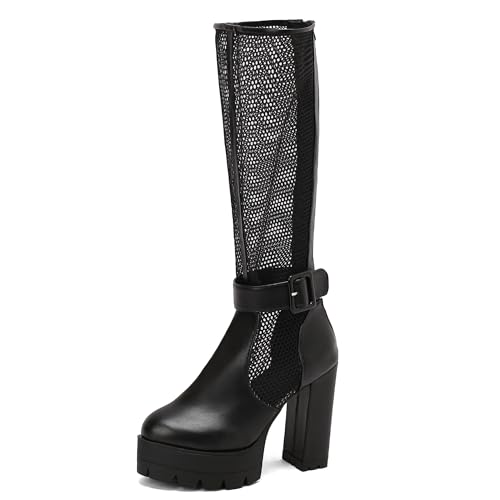 MJIASIAWA Damen Sommer Blockabsatz Mesh Kniehohe Stiefel Mode Runde Zehen Atmungsaktiv Plateau Chunky Riding Booty Schwarz Gr 34 EU von MJIASIAWA
