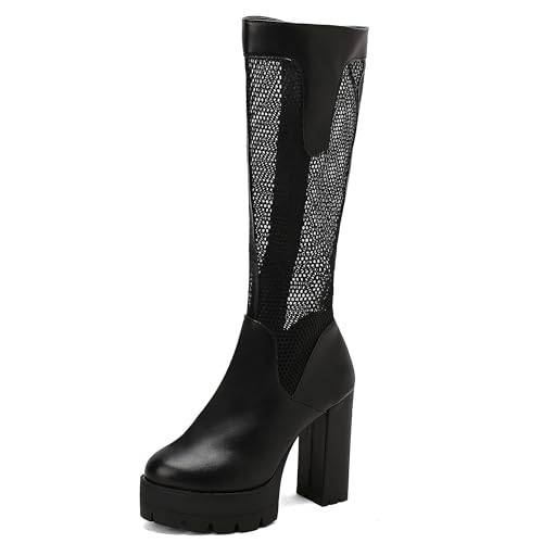 MJIASIAWA Damen Sommer Blockabsatz Mesh Kniehohe Stiefel Mode Runde Zehen Atmungsaktiv Plateau Chunky Riding Booty Schwarz Gr 36 EU von MJIASIAWA