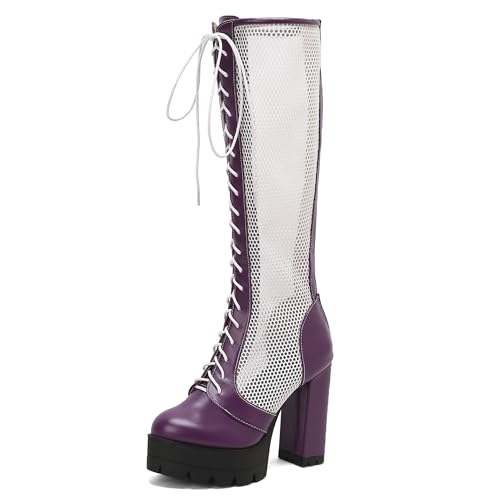 MJIASIAWA Damen Sommer Blockabsatz Mesh Kniehohe Stiefel Mode Runde Zehen Atmungsaktiv Plateau Chunky Riding Booty Violett Gr 34 EU von MJIASIAWA