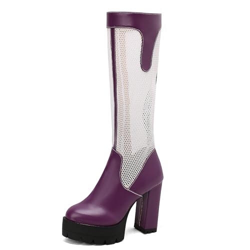 MJIASIAWA Damen Sommer Blockabsatz Mesh Kniehohe Stiefel Mode Runde Zehen Atmungsaktiv Plateau Chunky Riding Booty Violett Gr 35 EU von MJIASIAWA