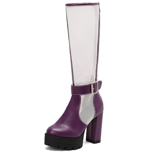 MJIASIAWA Damen Sommer Blockabsatz Mesh Kniehohe Stiefel Mode Runde Zehen Atmungsaktiv Plateau Chunky Riding Booty Violett Gr 48 EU/50 Asiatisch von MJIASIAWA