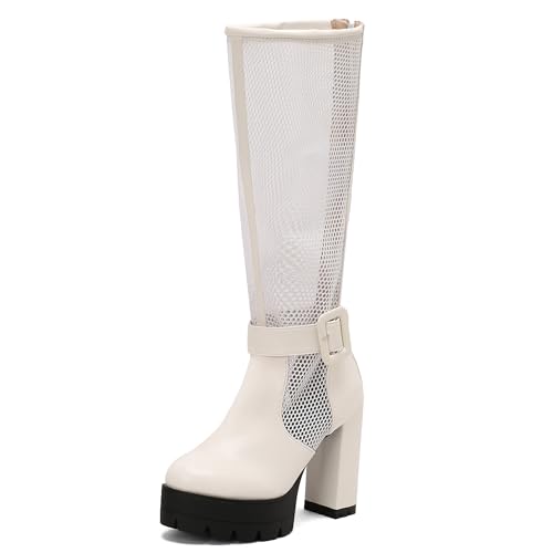 MJIASIAWA Damen Sommer Blockabsatz Mesh Kniehohe Stiefel Mode Runde Zehen Atmungsaktiv Plateau Chunky Riding Booty Weiß Gr 36 EU von MJIASIAWA