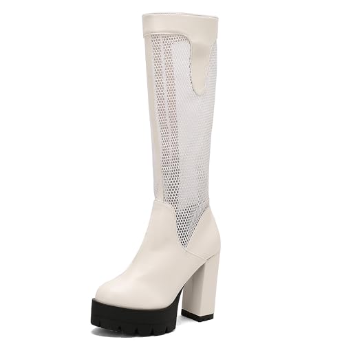 MJIASIAWA Damen Sommer Blockabsatz Mesh Kniehohe Stiefel Mode Runde Zehen Atmungsaktiv Plateau Chunky Riding Booty Weiß Gr 37 EU/38 Asiatisch von MJIASIAWA