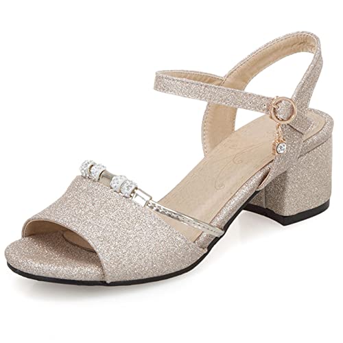 MJIASIAWA Damen Sommer Hochzeit Blockabsatz Glitzer Kleid Sandalen Offene Zeh Komfort Abend Knöchelriemchen Sandalen Schuhe Gold Gr 44 EU/46 Asiatisch von MJIASIAWA