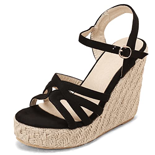 MJIASIAWA Damen Sommer Knöchelriemchen Mode Espadrilles Keilabsatz Plateau Sandalen Strappy Leisure Komfort Offene Zeh Sandalen Schwarz Gr 38 EU/39 Asiatisch von MJIASIAWA